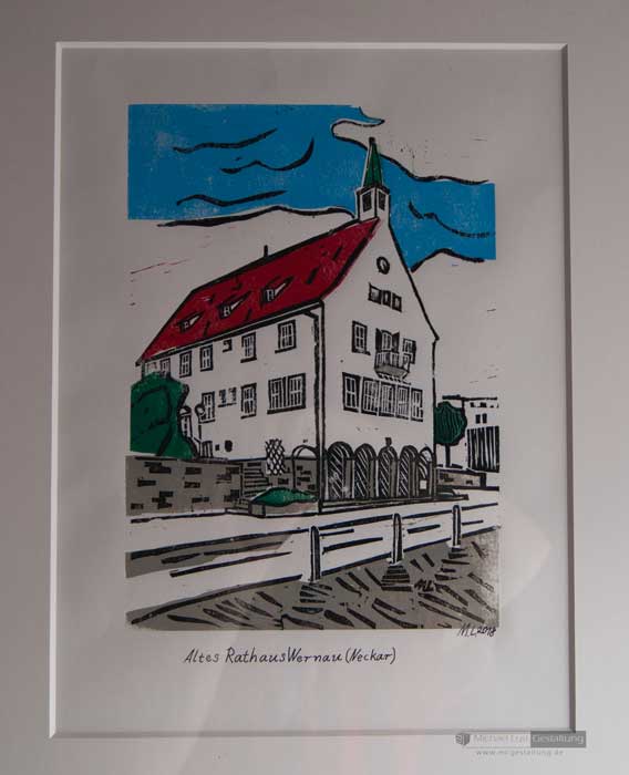 Farbholzschnitt Altes Rathaus Wernau